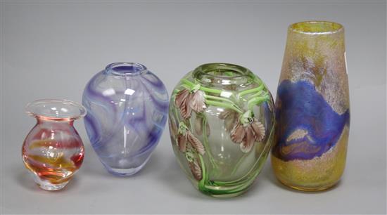 A Siddy Langley iridescent glass vase and 3 other studio glass vases Tallest 18cm high